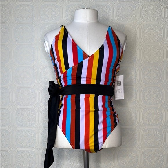Cupshe | Multi Color Stripe Front Cross One Piece Swimsuit, Black Belt, NWT - Picture 6 of 11